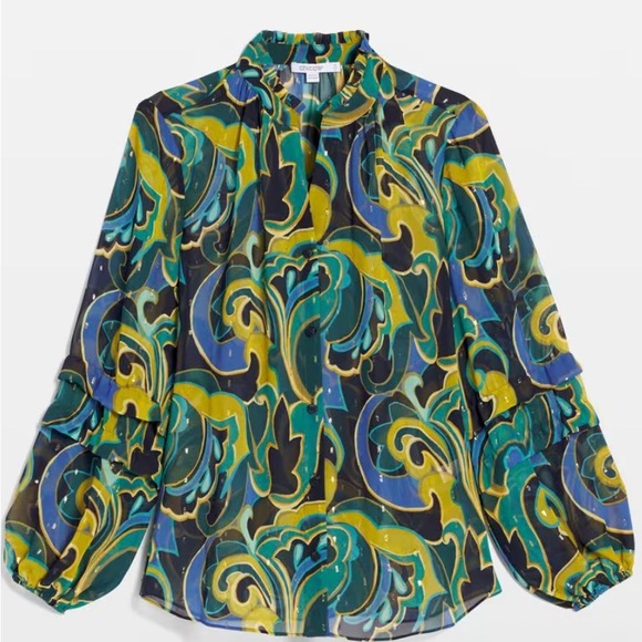 Chico’s Blue Gold Green Chiffon Metallic Swirl Ruffle Sleeve Button Up Blouse - Picture 1 of 14